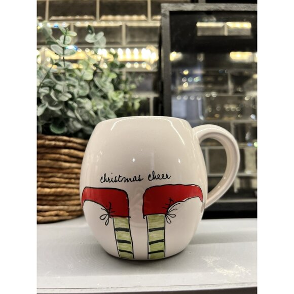 RAE DUNN Christmas Cheer Red ELF SHOES Feet Gloss Ceramic Magenta MUG NEW - Picture 1 of 3